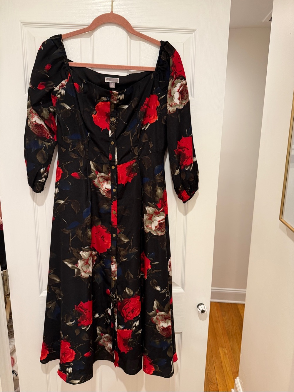 Chelsea28 Black Midi Dress with Red and Cream Floral Print